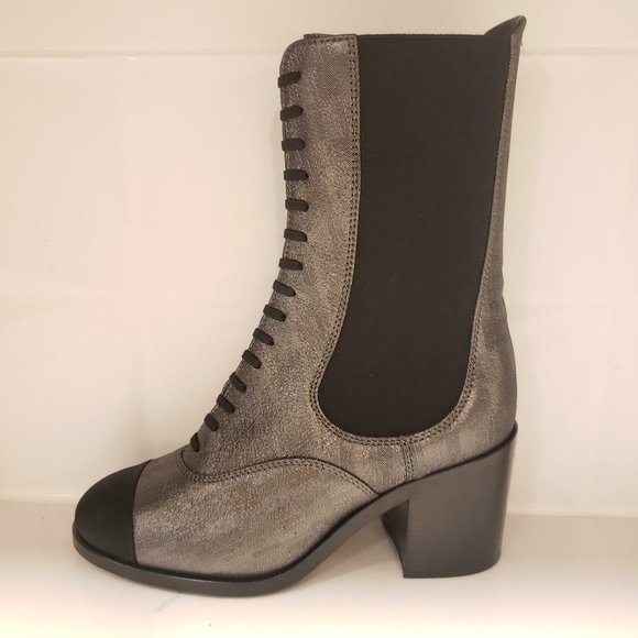 CHANEL 19C Stretch Laminated Lambskin Leather Gored Lace Up Boots Shoes - Picture 1 of 12